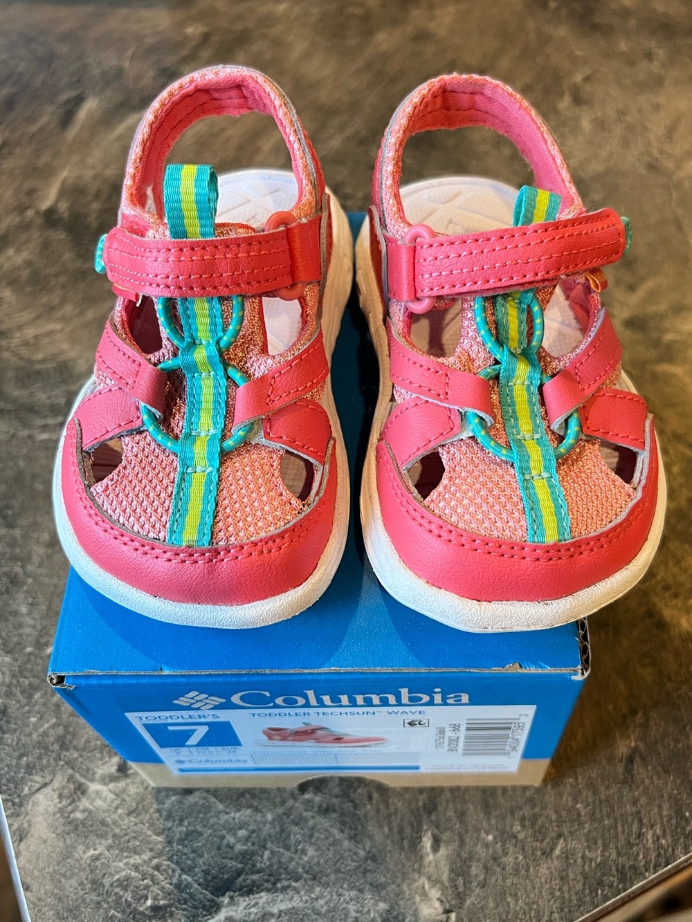 Columbia Kids Coral Pink Sandals with Teal and Yellow Stripes